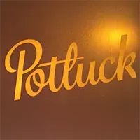 Potluck invitation in elegant cursive font on a warm, cozy background.