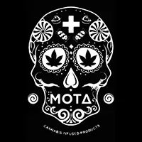 Cannabis-themed sugar skull with decorative patterns and MOTA text.
