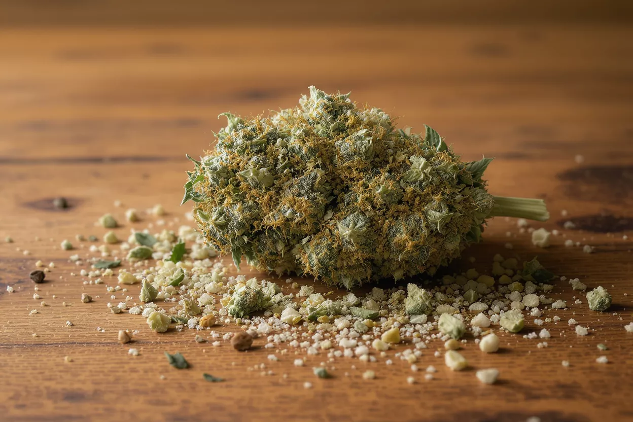 Cogollo de Cannabis con Kief Primer plano de un cogollo de cannabis cubierto de kief sobre una mesa de madera.