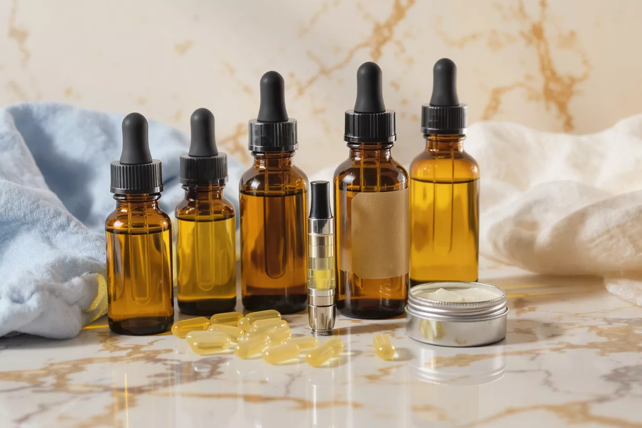 Productos y suplementos de aceite de CBD Varios productos de CBD: frascos con gotero, bolígrafo vapeador, cápsulas y crema sobre mármol.