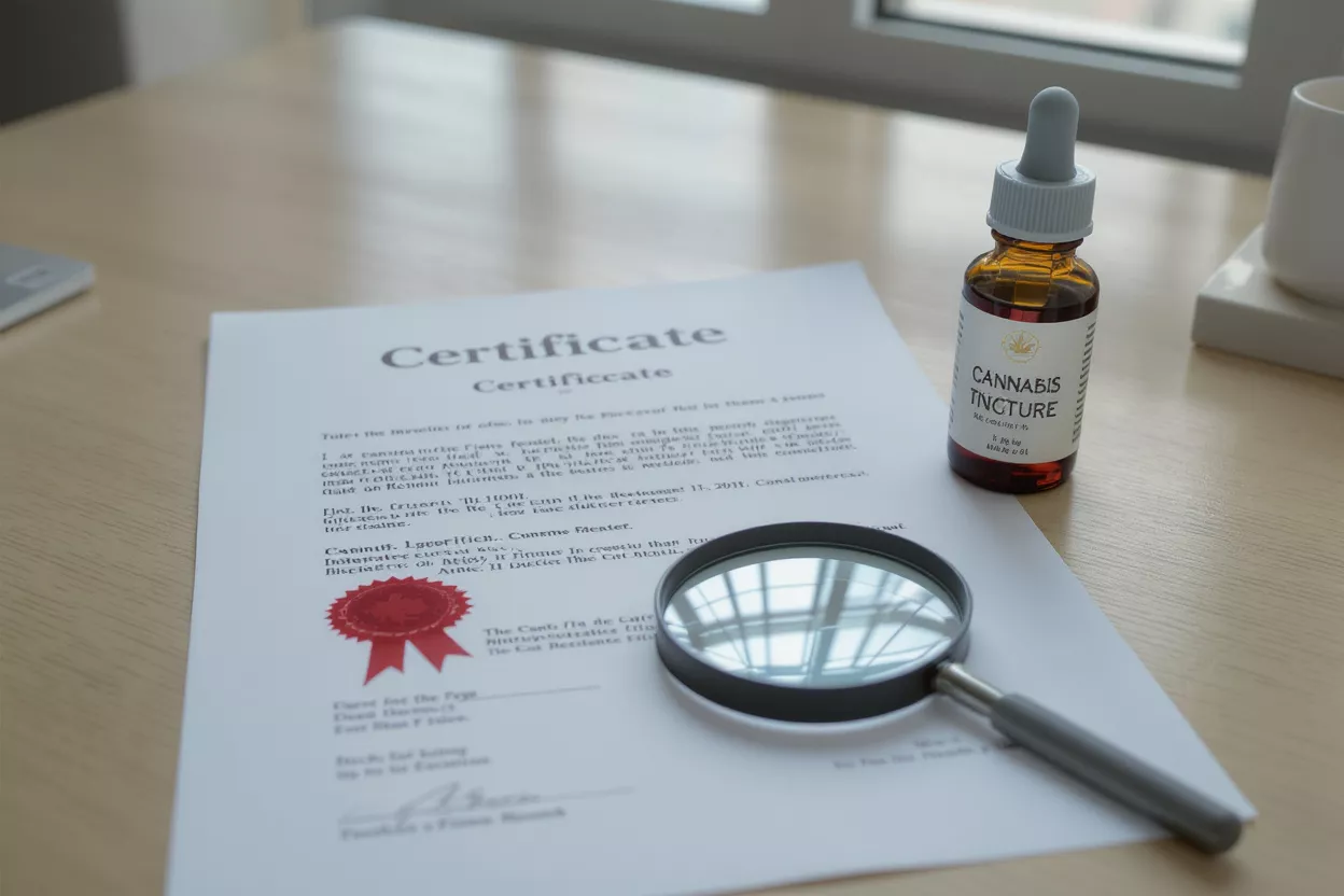 Certificado de Tintura de Cannabis Botella de tintura de cannabis, certificado y lupa sobre un escritorio de madera.