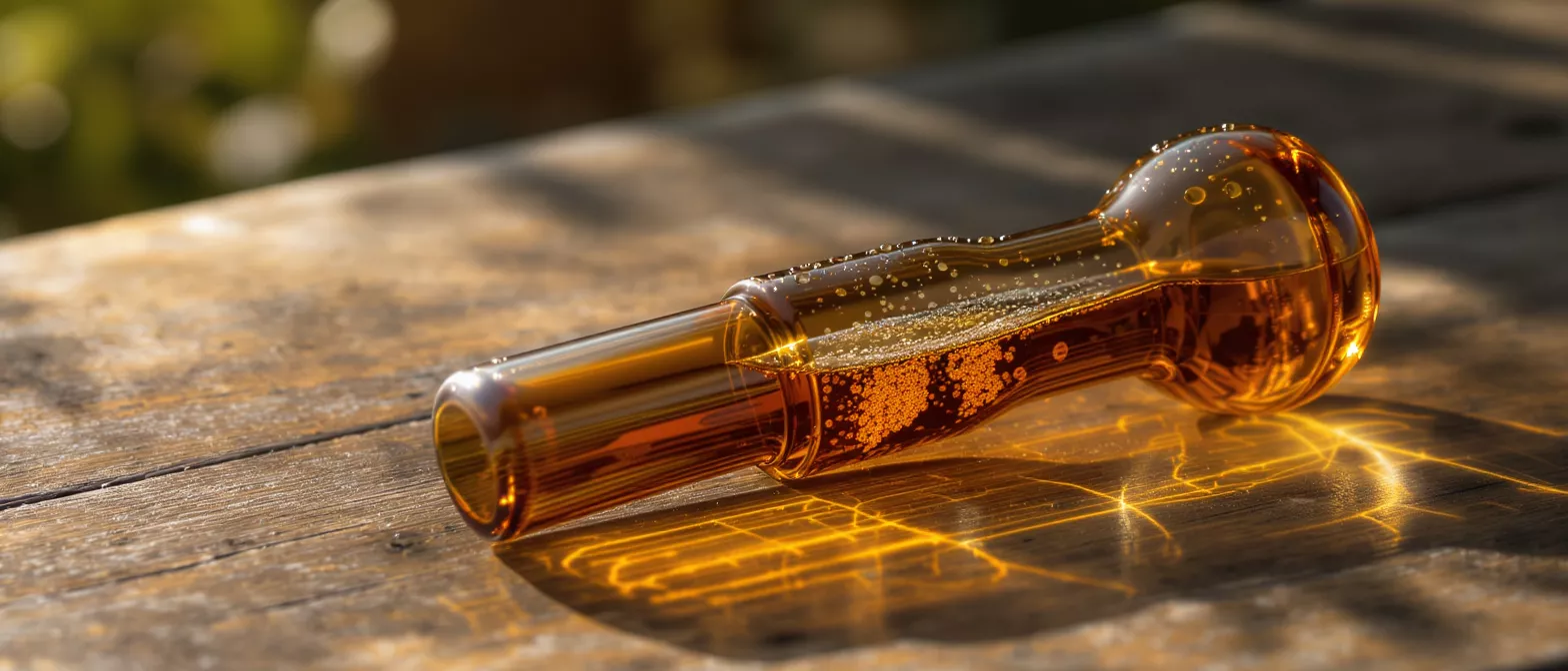 Amber glass pipe filled with bubbly golden liquid on a wooden surface.