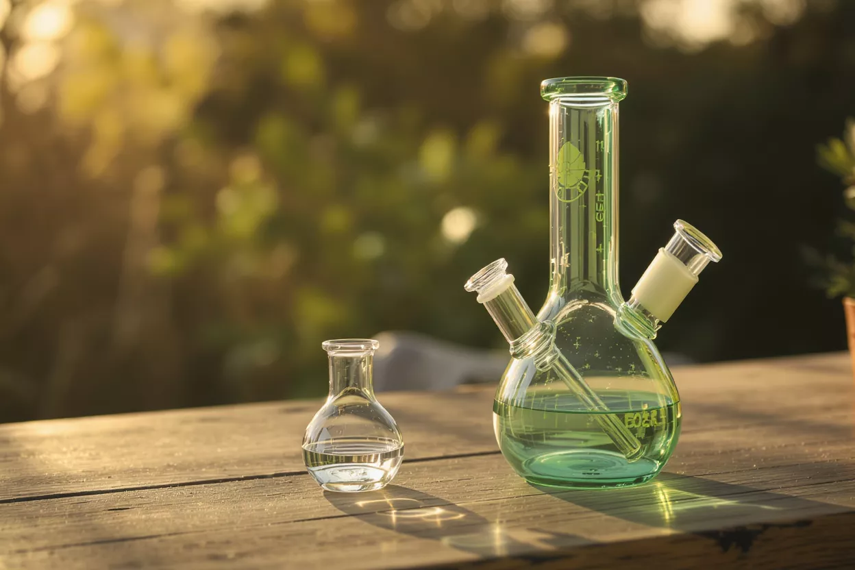 A green glass beaker bong and a small flask on a wooden table outdoors.