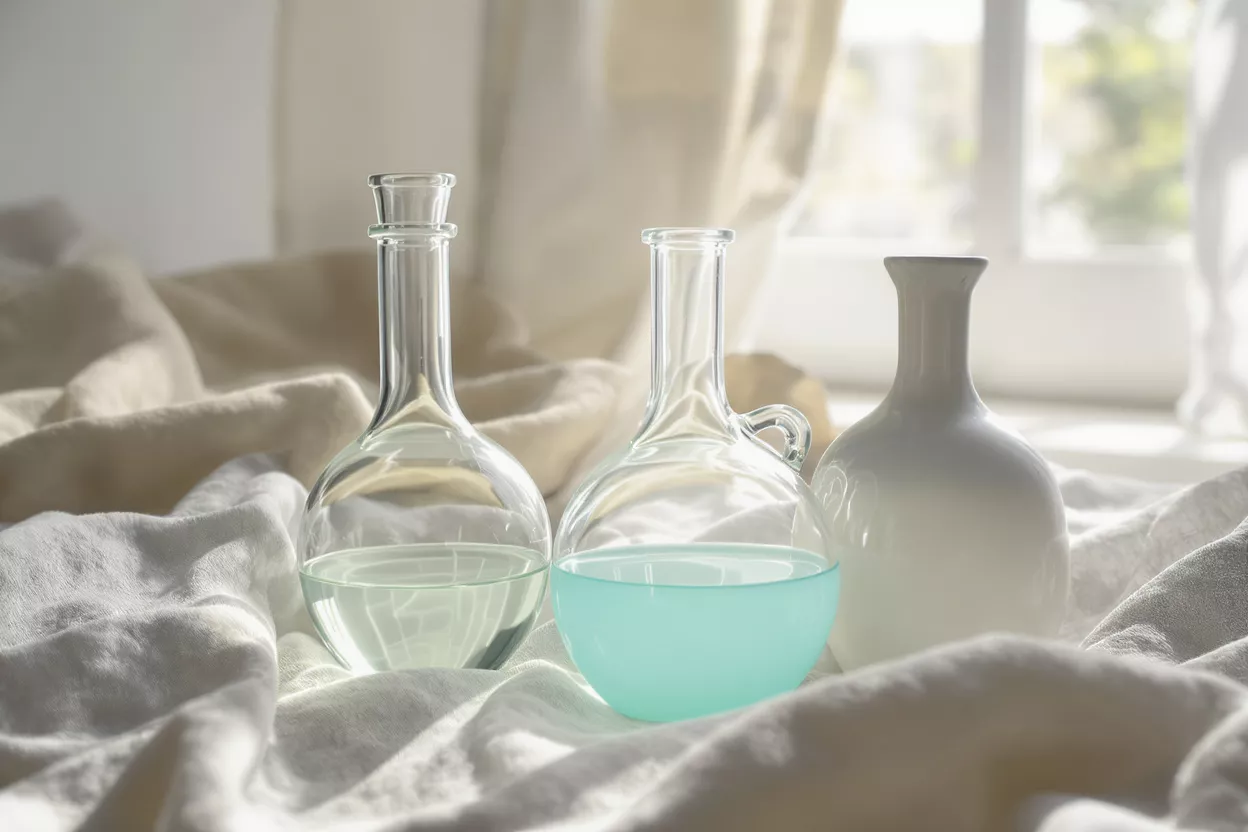 Three bottles, two glass and one ceramic, sitting on a soft, rumpled white cloth.