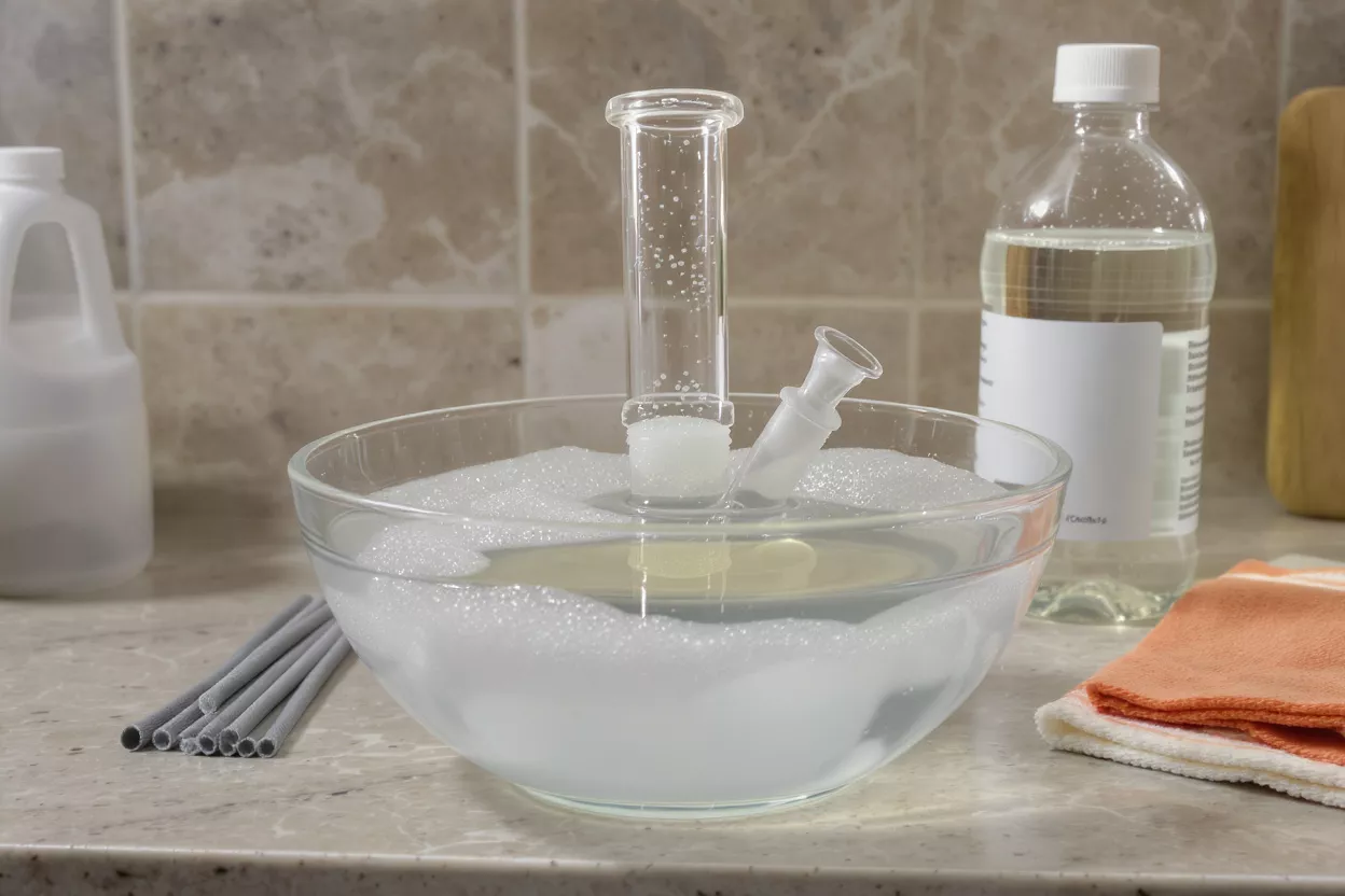 A glass bong and downstem soaking in a sudsy cleaning solution in a bowl.