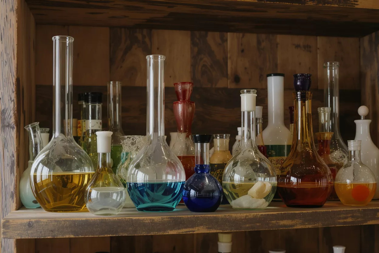 A collection of glass flasks and beakers with colorful liquids on a rustic shelf.