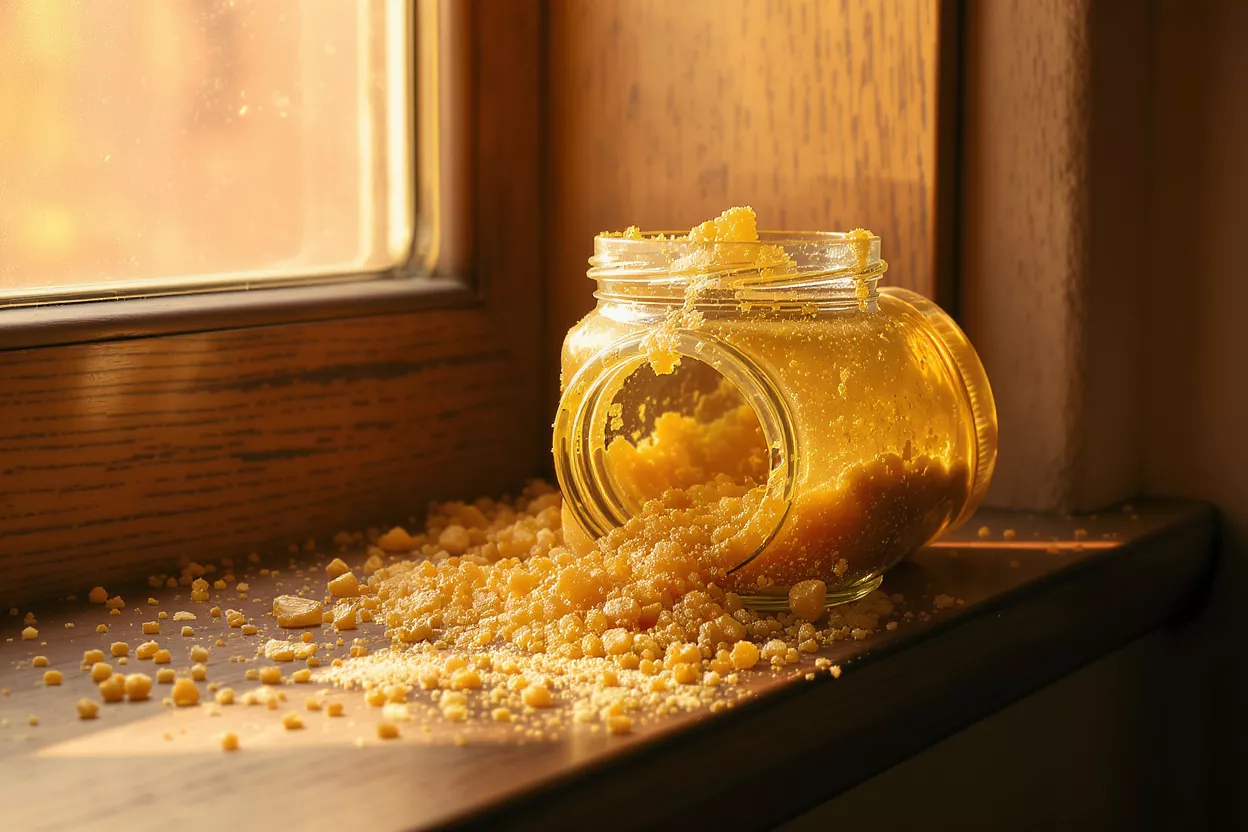 A jar of honey spilled on a wooden windowsill