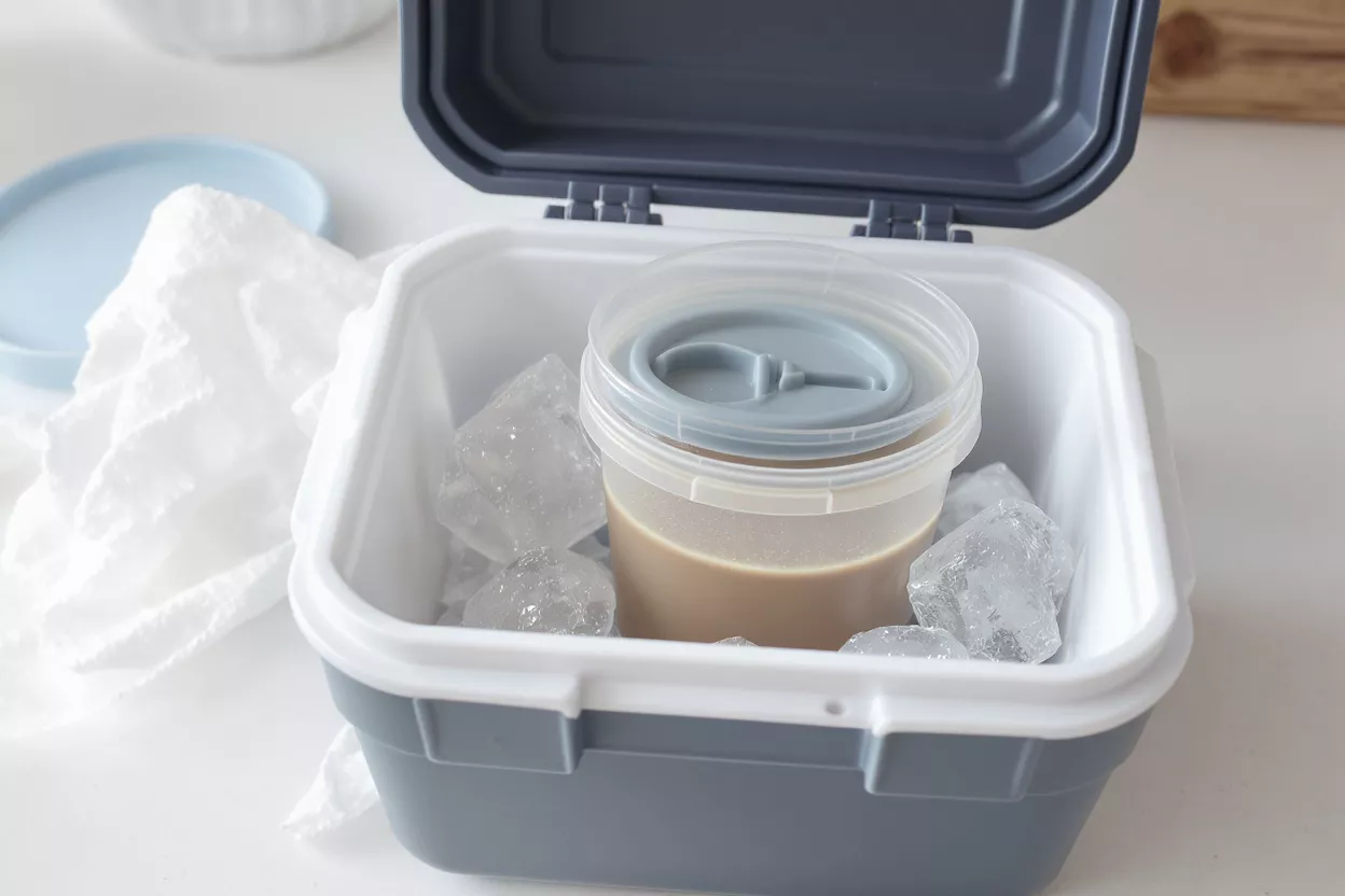 Container with liquid and ice for food storage