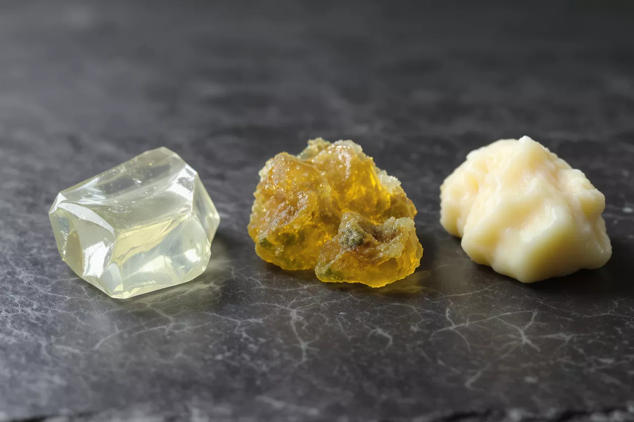 Three different types of natural resin on a dark surface
