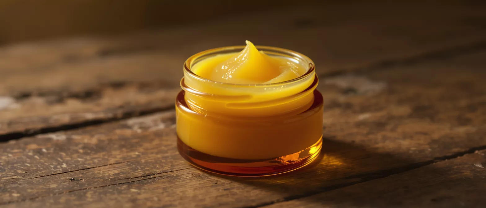 A jar of yellow cream on a wooden surface