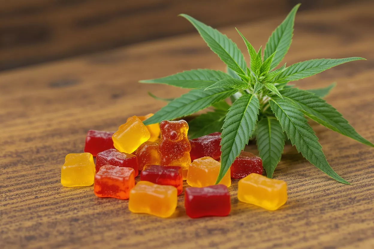 Gomitas de cannabis coloridas y una hoja verde de marihuana sobre una superficie de madera rústica.