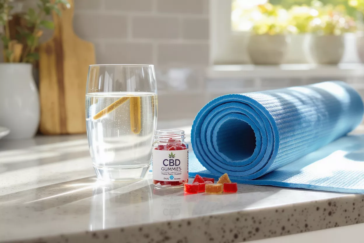 Gominolas de CBD, agua y esterilla de yoga en una encimera, promoviendo el bienestar.