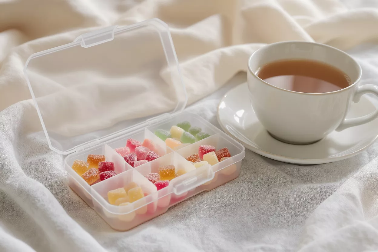 Un recipiente de plástico transparente con gominolas de colores junto a una taza de té.