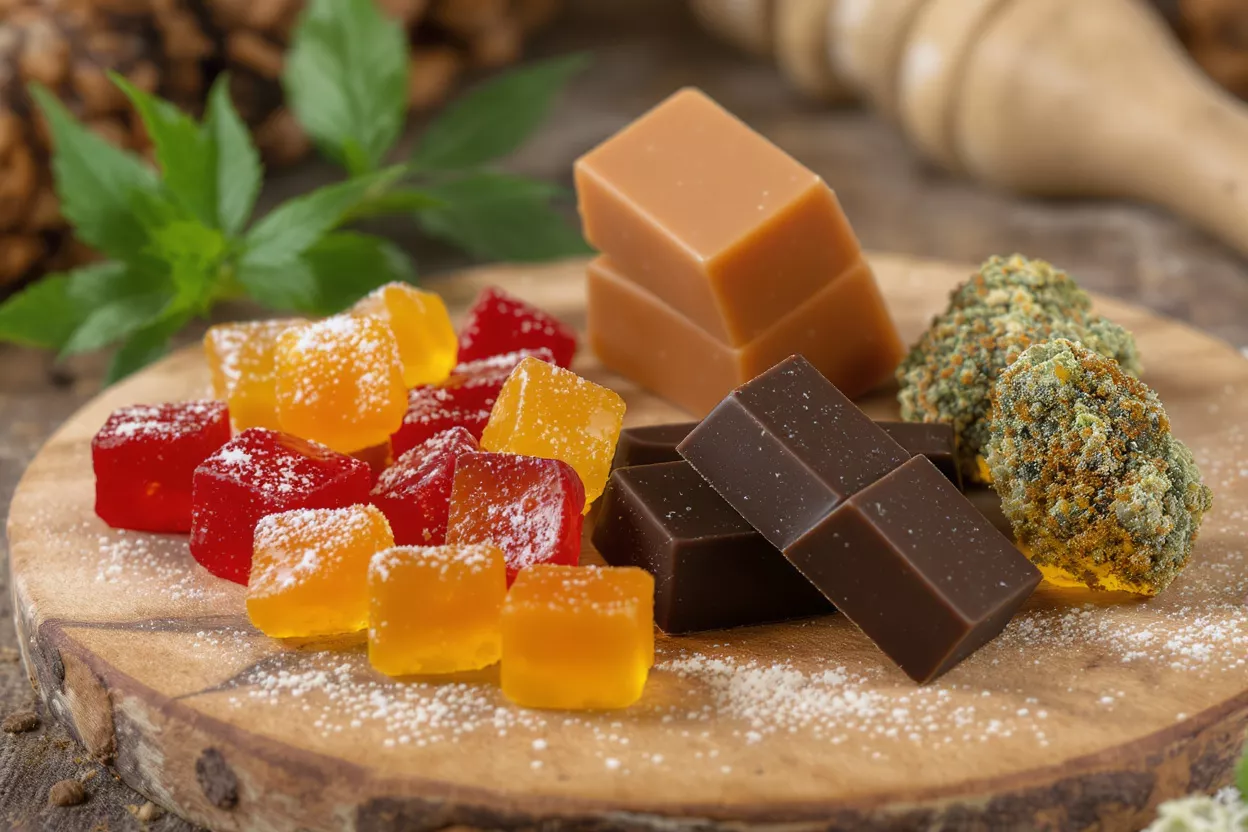Una tabla de madera exhibe varios comestibles de cannabis: gomitas, caramelos, chocolate y flores.