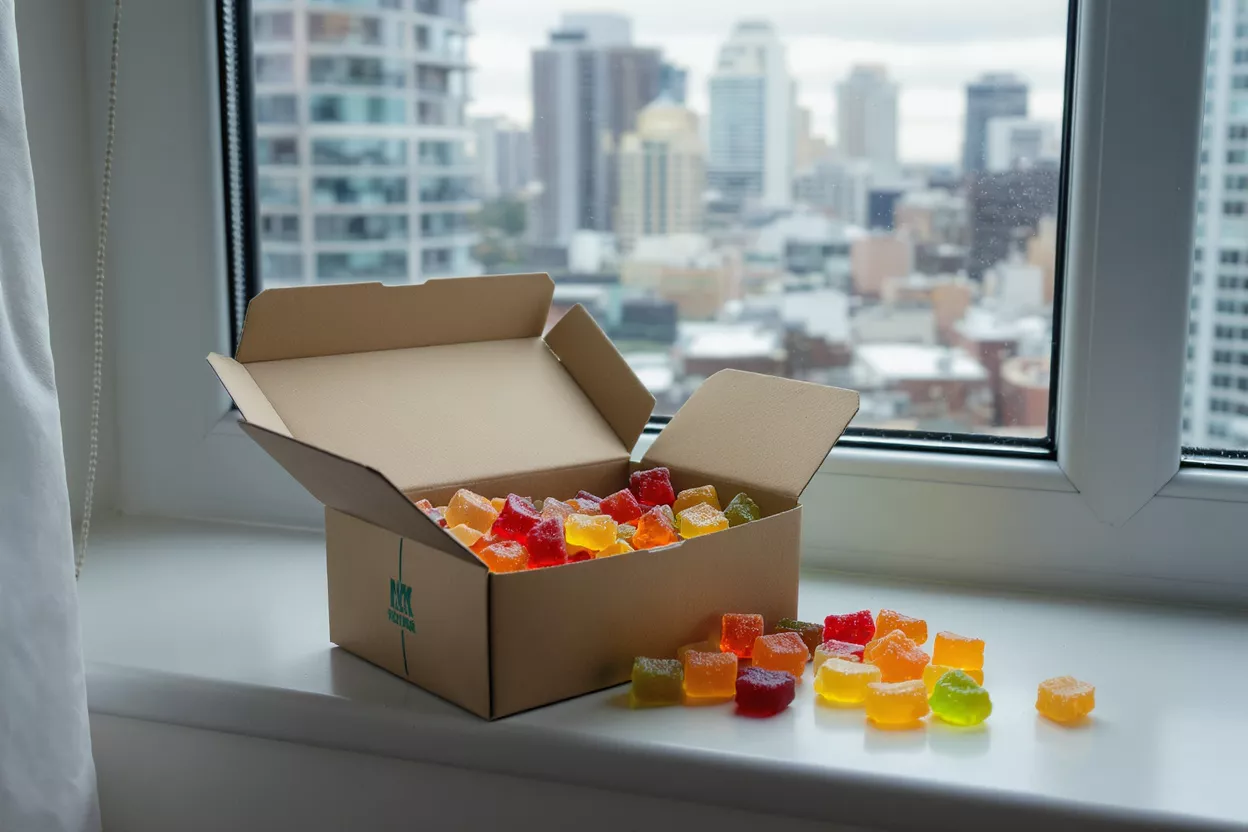 Open box of colorful gummy candies on a windowsill with a city view.