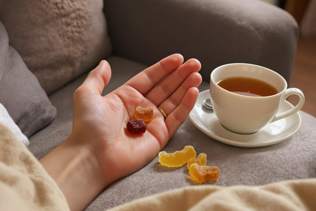 Hand holding gummies next to a cup of tea on a cozy couch.
