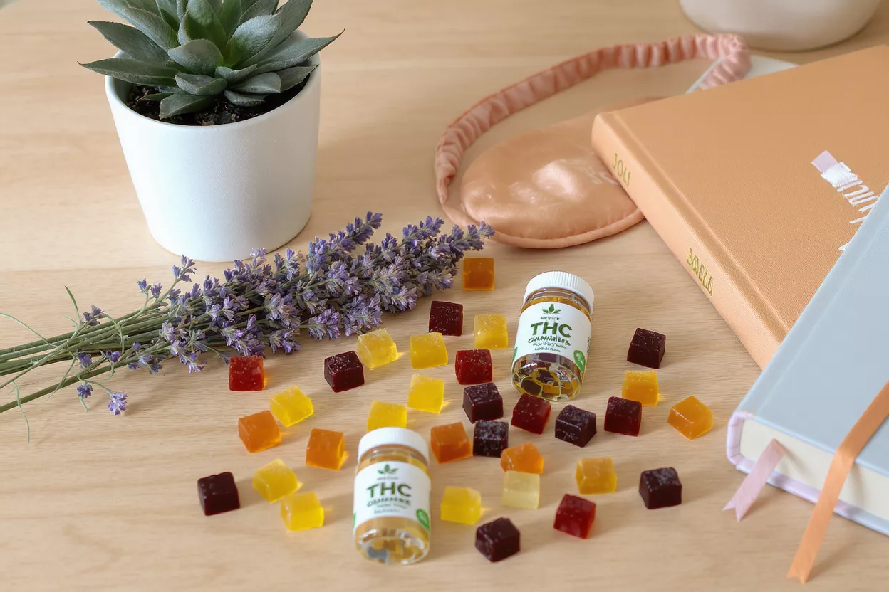 THC gummies, lavender, succulent, and sleep mask on a wooden table.