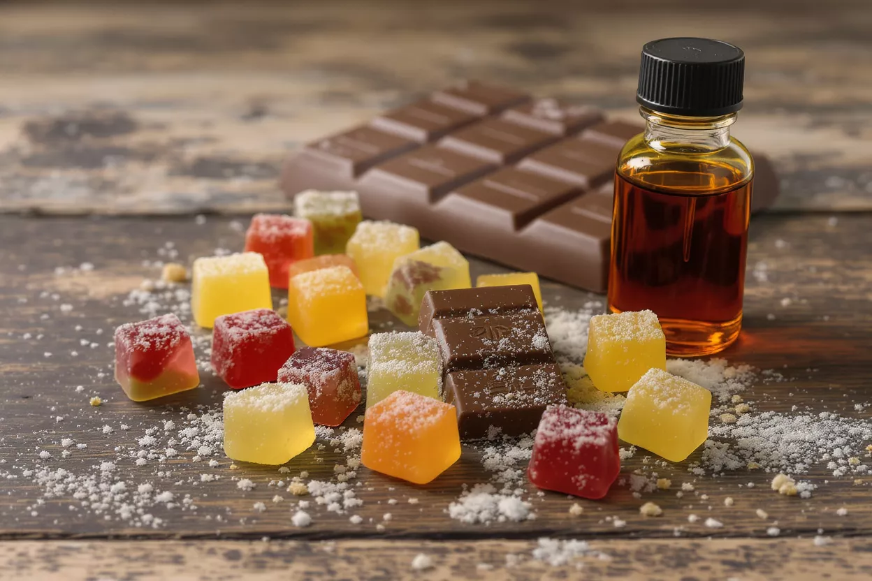 Colorful gummies, chocolate bar, and small bottle of oil on a wooden surface.