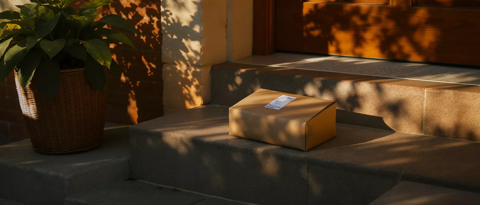 A brown cardboard package sits on concrete steps outside a front door.