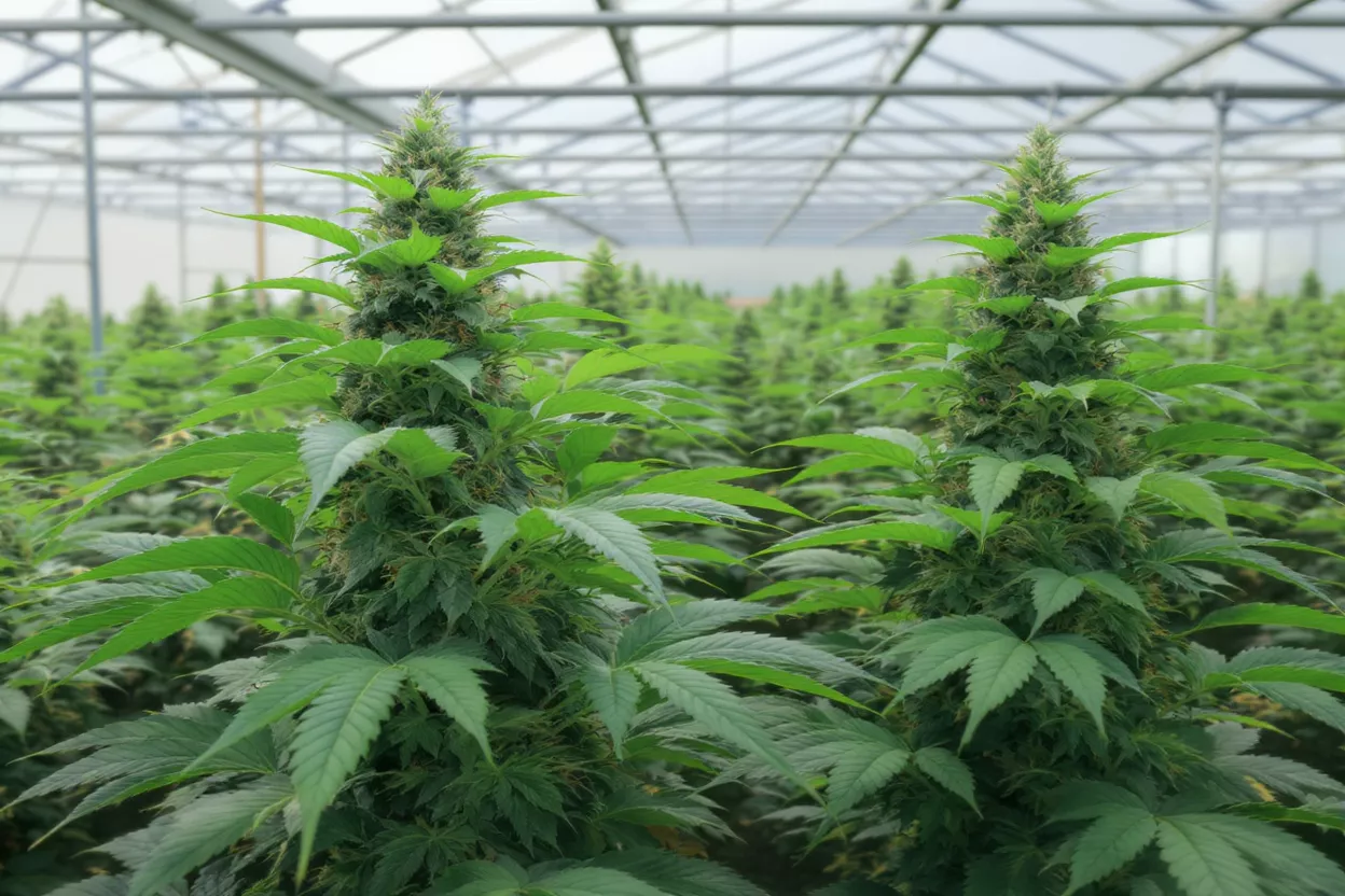 Plantas de cannabis en invernadero Dos grandes plantas de cannabis vibrantes con cogollos densos en un invernadero.