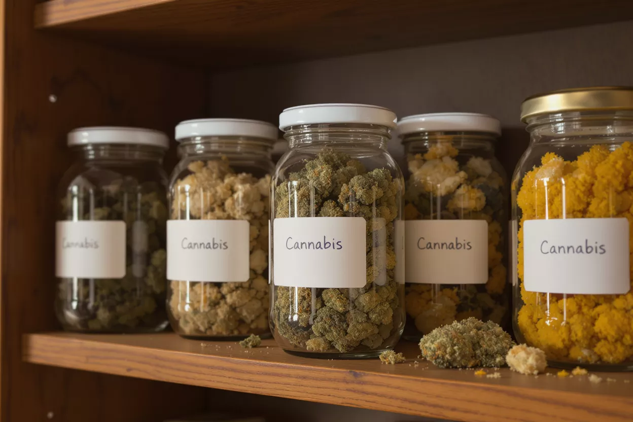 Diversas variedades de cannabis en frascos Cinco frascos de vidrio llenos de diferentes variedades de cannabis en un estante de madera.