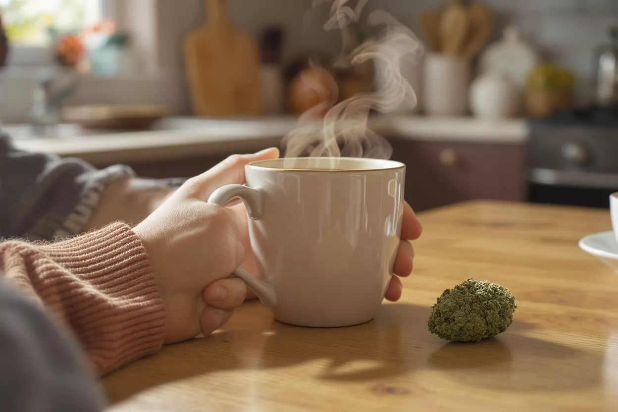 Ritual matutino de café y cannabis Manos sosteniendo una taza de café humeante junto a un cogollo de cannabis sobre una mesa de madera.