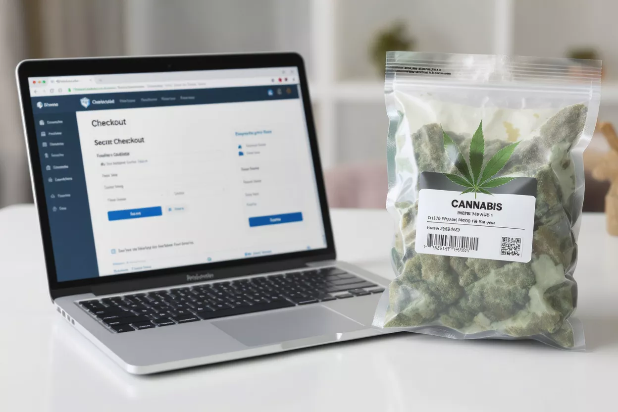 Compra de cannabis en línea Portátil mostrando una página de pago junto a una bolsa de cannabis.