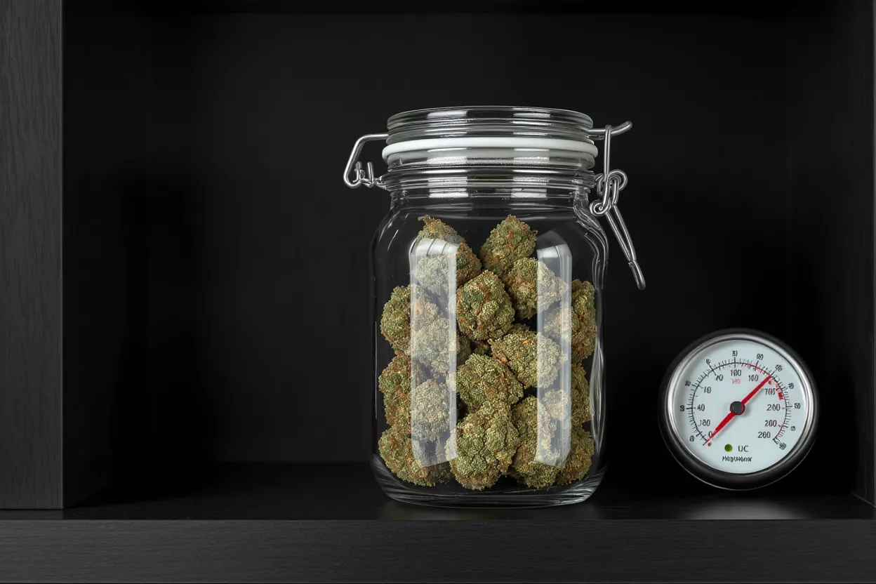 Cogollos de cannabis en frasco con higrómetro Cogollos de cannabis en un frasco de vidrio con un higrómetro en un estante negro.