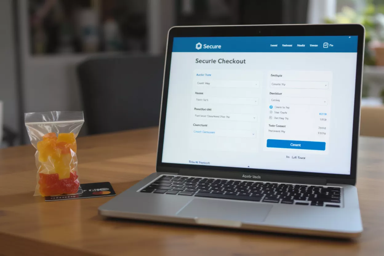 Laptop displaying a secure checkout page with a credit card and candy next to it.
