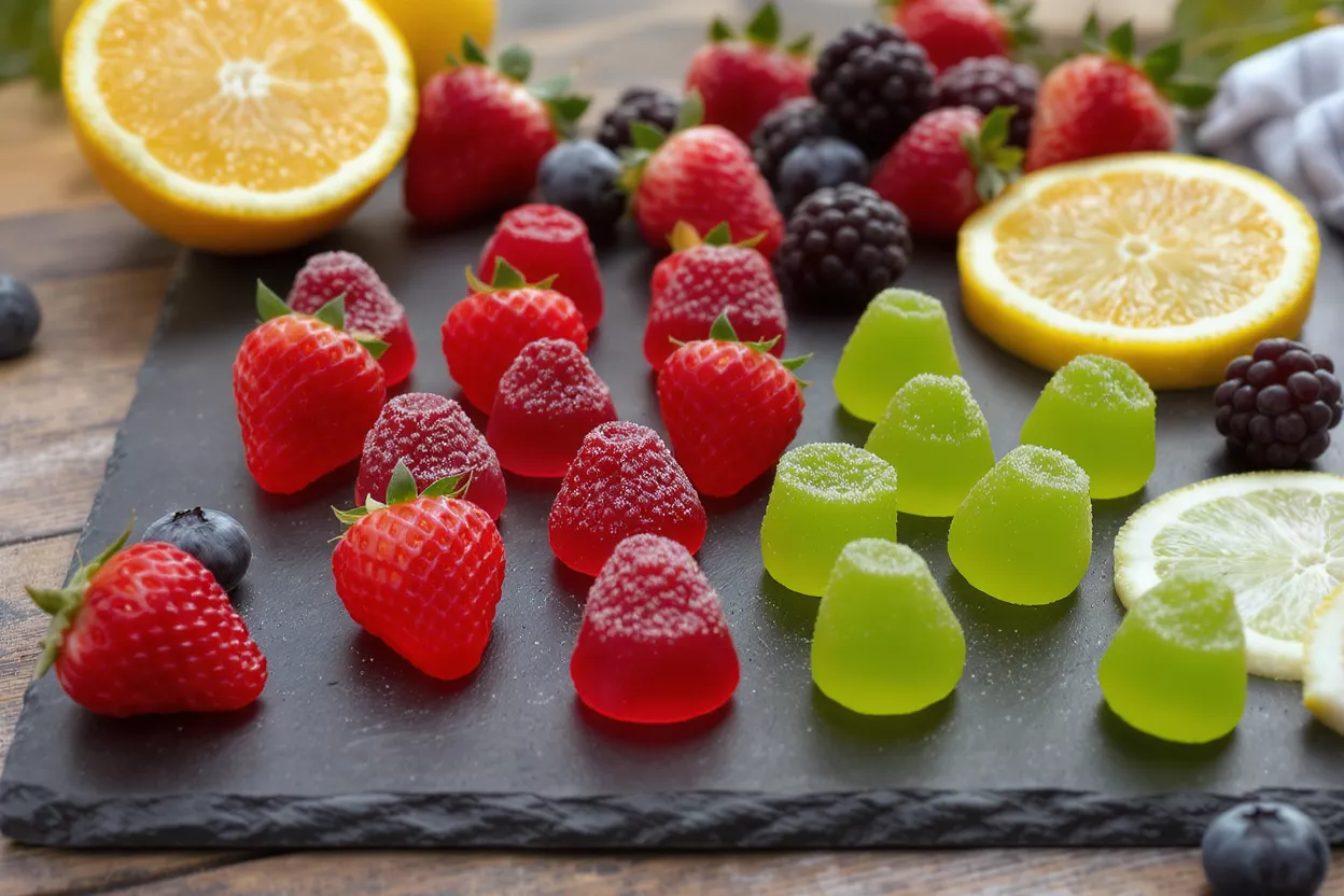 A slate board with red and green fruit gummies, fresh strawberries, and blueberries.