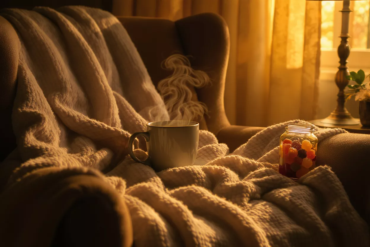 Steaming mug and jar of gummies on a textured blanket in a warm armchair.