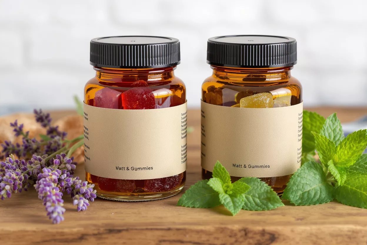Two amber jars of gummies with lavender and mint on a wooden surface.