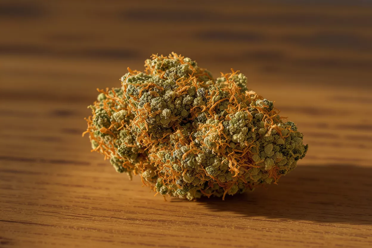Close-up of a cannabis bud with orange hairs on a wooden table.