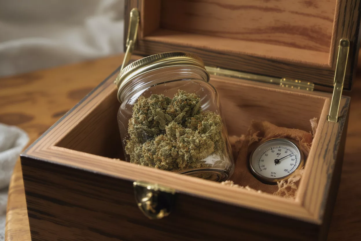 Cannabis buds in a glass jar inside a wooden box with a hygrometer.