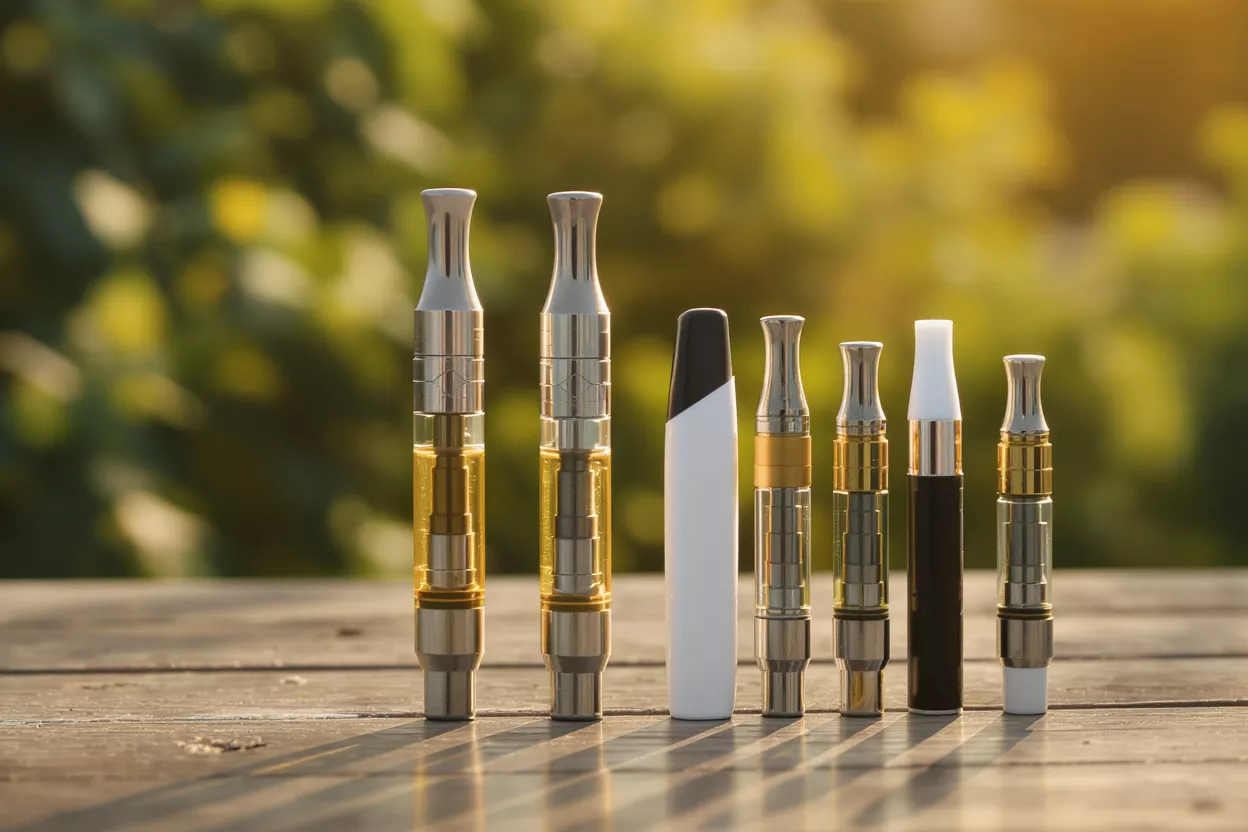 Plumas Vape y Cartuchos Una variedad de plumas vape y cartuchos alineados sobre una mesa de madera al aire libre.