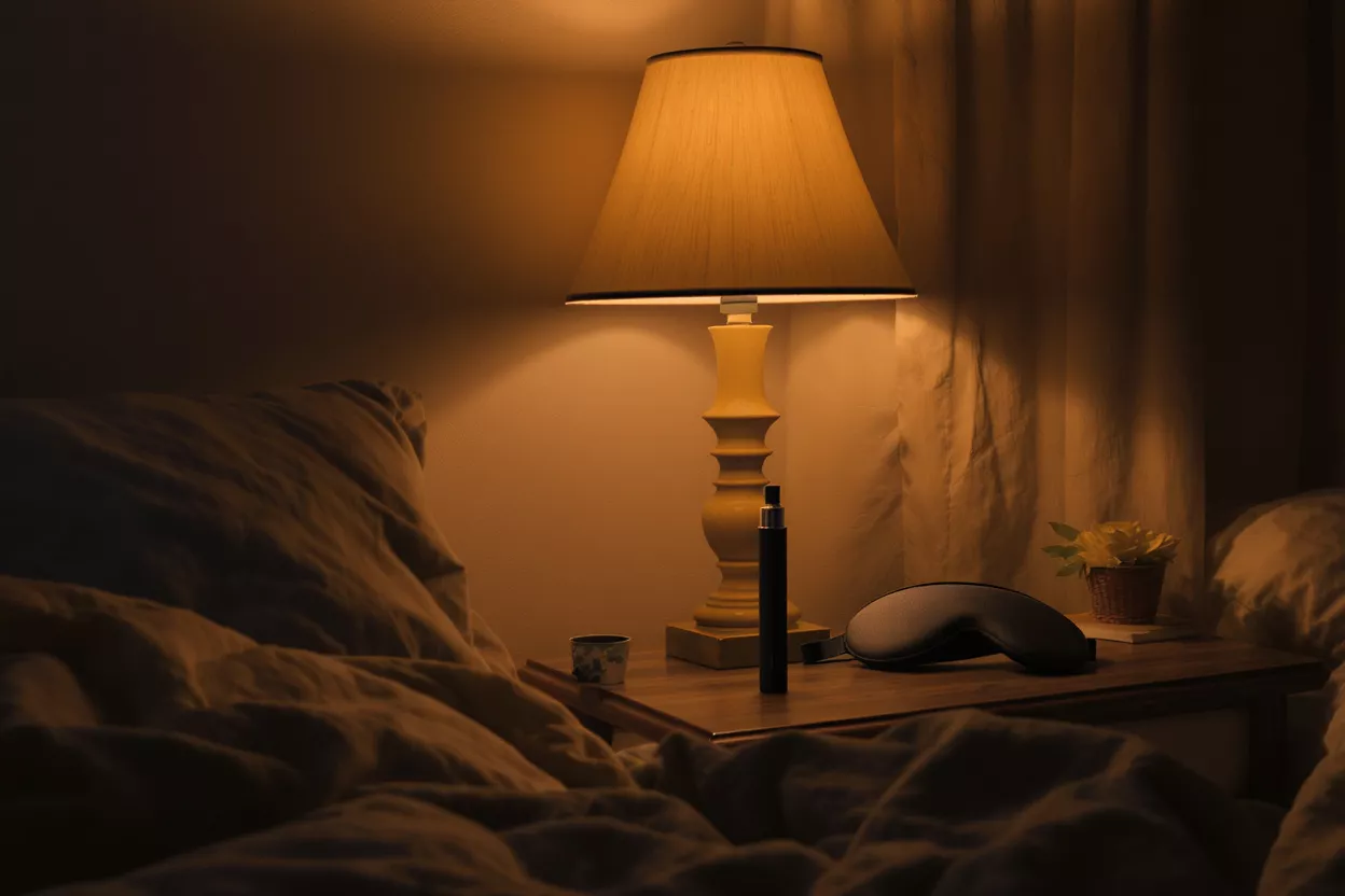 Mesa de noche acogedora con ayudas para dormir Una mesa de noche cálida y tenue con una lámpara, un antifaz para dormir y un vaporizador.