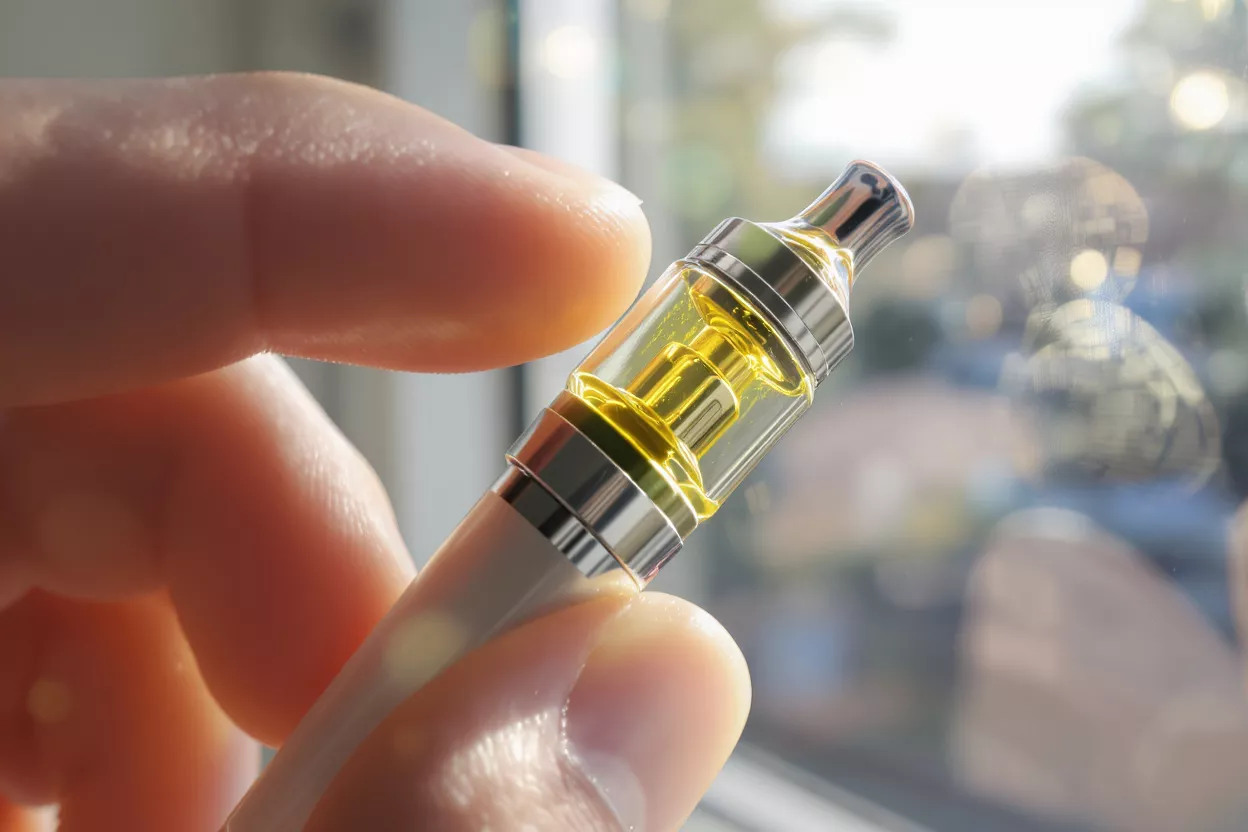Cartucho de Vape en Mano Una mano sosteniendo un cartucho de vape lleno de aceite dorado sobre un fondo desenfocado.