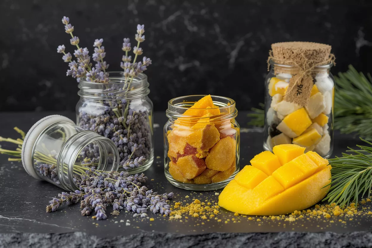 Ingredientes Naturales: Lavanda y Mango Frascos de lavanda, trozos de mango y polvo de mango sobre un fondo oscuro.