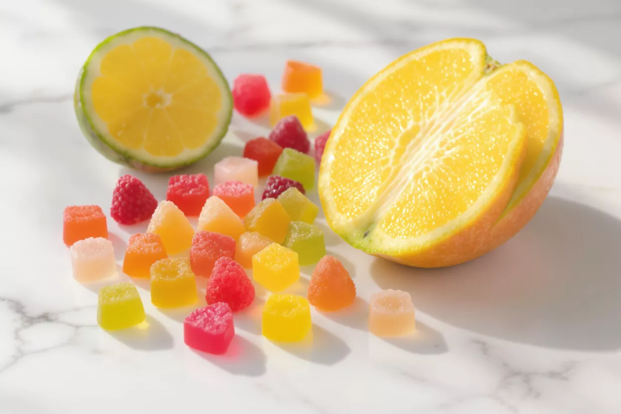 Assortment of vibrant fruit gummies with sliced orange and lime on marble.