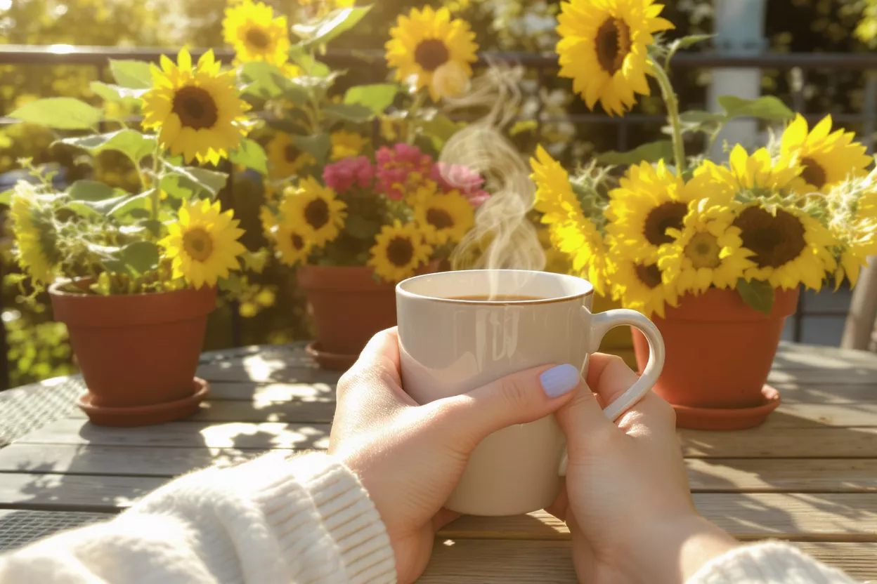Hands holding a steaming coffee cup on a balcony surrounded by potted sunflowers.
