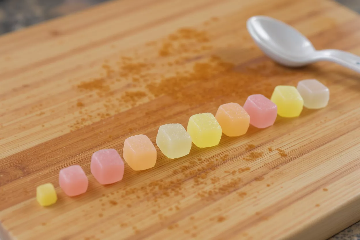 A line of colorful gummy candies on a wooden cutting board with a spoon.