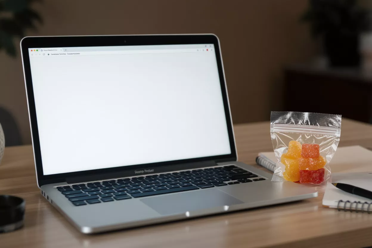 A silver laptop with a blank screen next to a bag of colorful gummies.