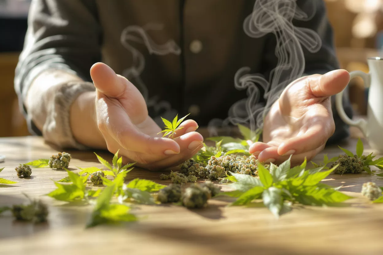 Cannabis Leaves and Buds with Smoke Hands holding a small cannabis leaf, surrounded by buds and smoke on a wooden table.