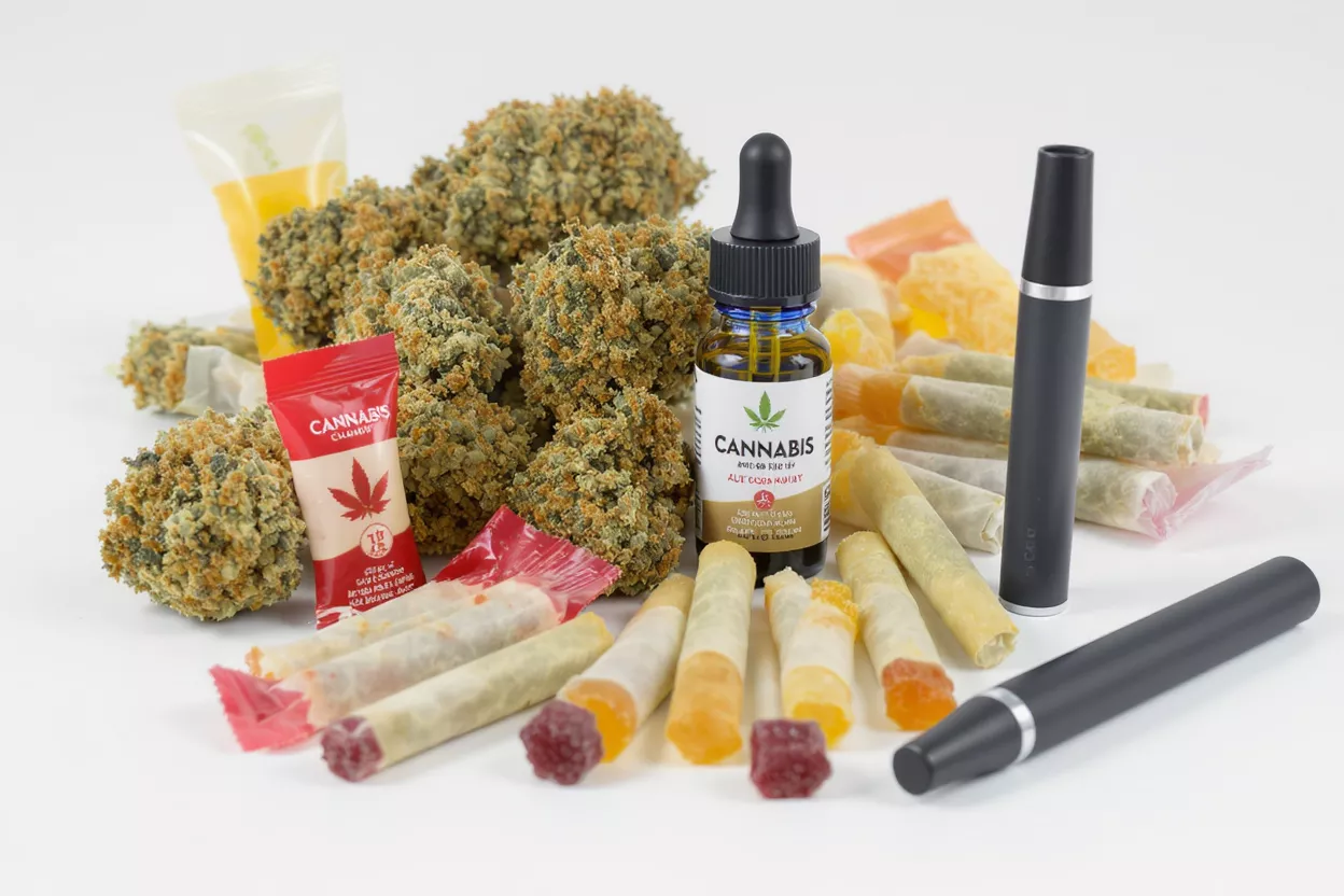 Assortment of Cannabis Products Various cannabis products including flower, oil, edibles, and vape pens on white background.