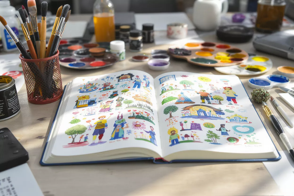Art Studio Sketchbook Illustrations Open sketchbook with colorful illustrations, art supplies, and paint palettes on a table.
