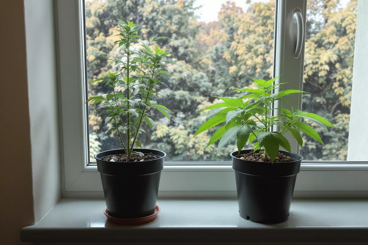 Two Potted Plants on Windowsill Two green plants in black pots on a white windowsill with trees outside.