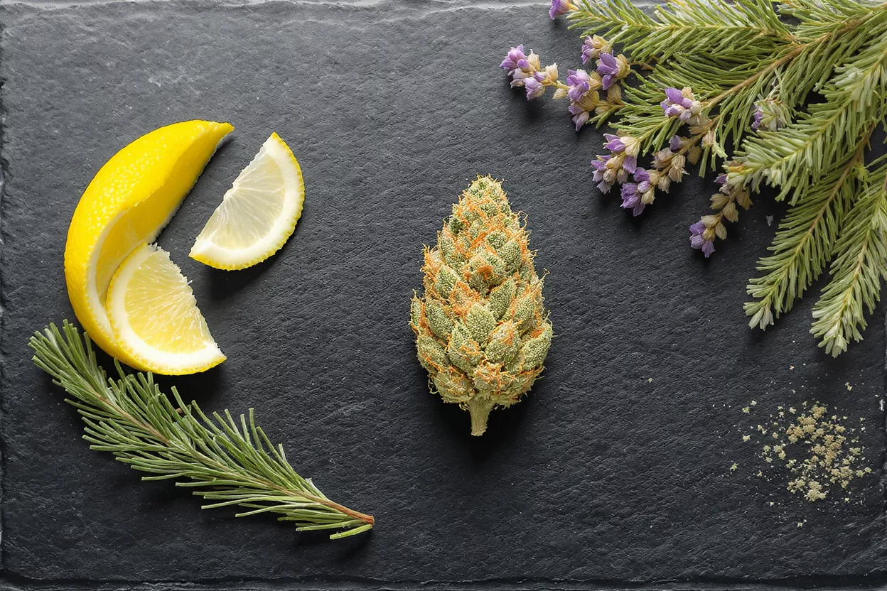 Cannabis Bud with Botanicals Cannabis bud, lemon, rosemary, and lavender on a dark slate background.