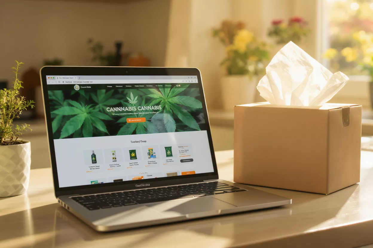 Ordinateur portable affichant un site de cannabis à côté d'une boîte de mouchoirs dans un éclairage chaud.