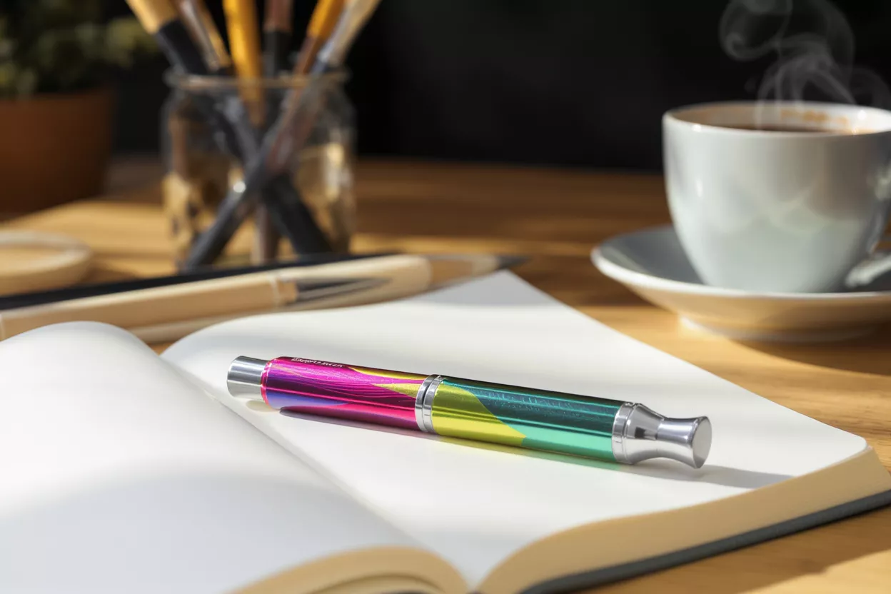 Un stylo vif et coloré repose sur un carnet ouvert à côté d'une tasse de café fumante.