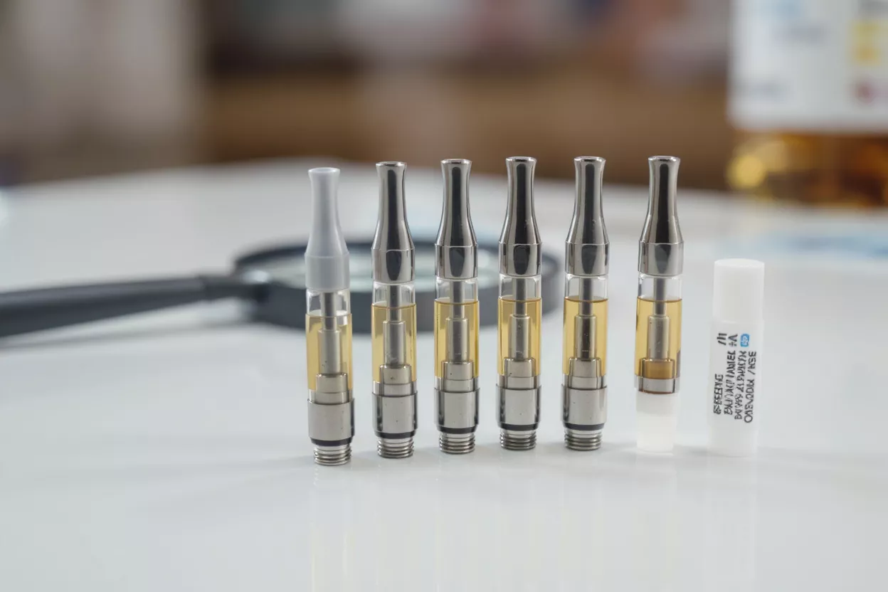 Six cartouches de vape avec liquide doré et un tube blanc sur une surface blanche.